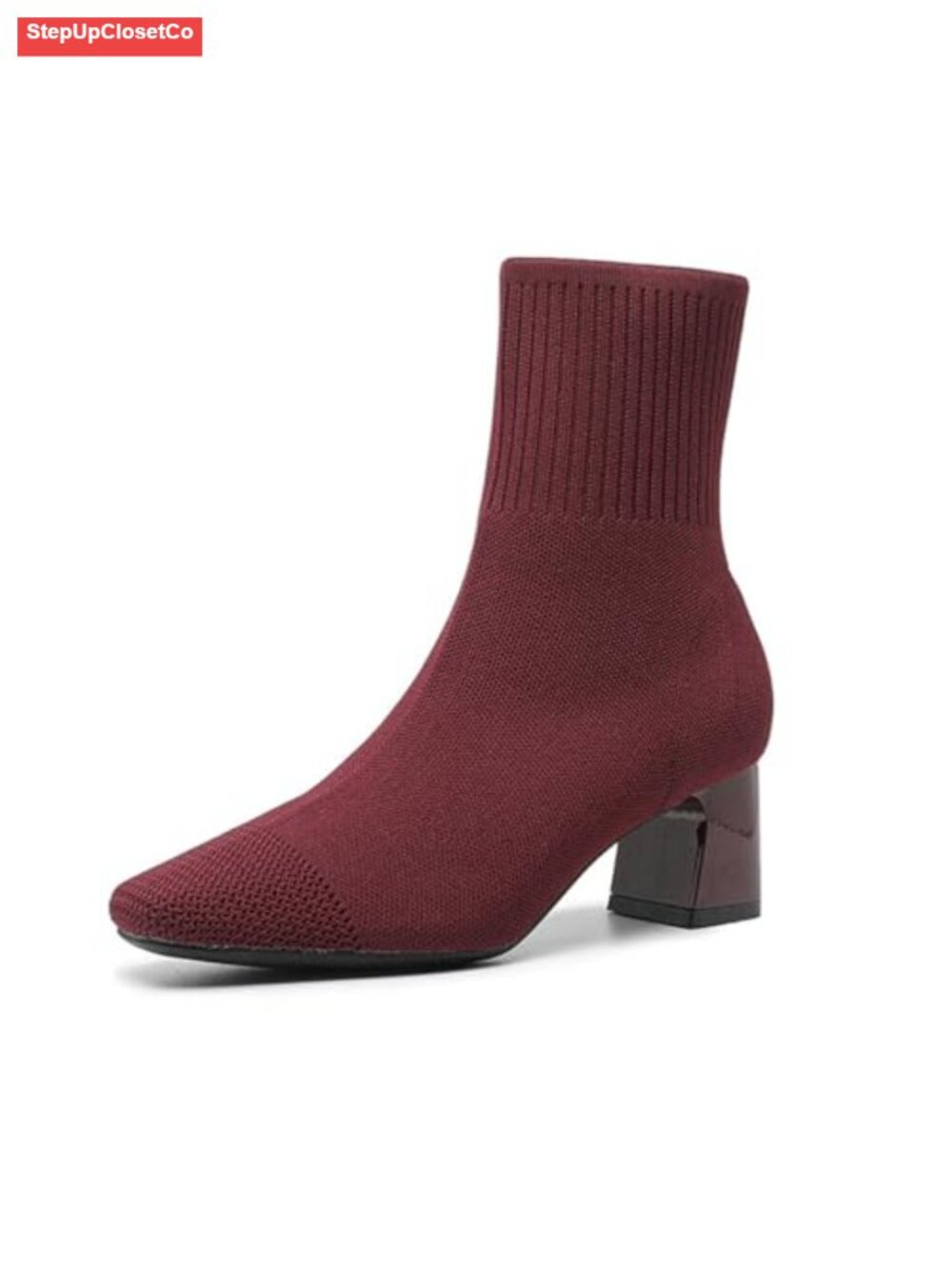 Womens Knit Square Toe Block Heel Ankle Booties Slip On Chunky Heel Sock Boots